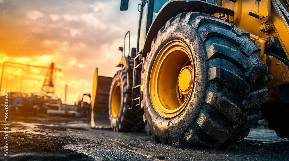 Massive industrial tractor at a construction site, with large rugged tires and a powerful stance, set against a vivid sunset sky. Massive industrial tractor at a construction site, with large rugged tires and a powerful stance, set against a vivid sunset sky.