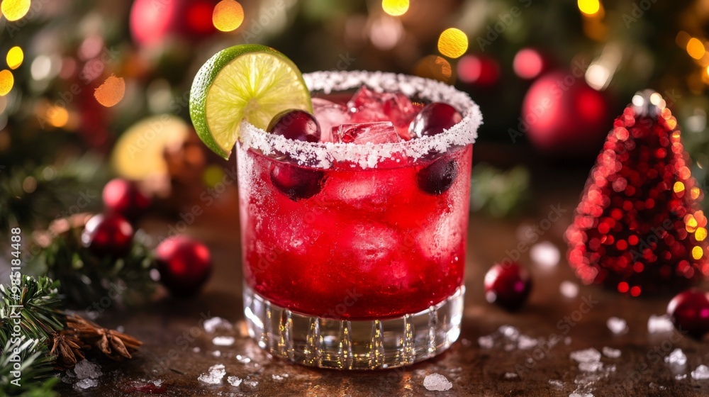 Cranberry Cocktail with Lime Garnish and Ice on a Festive Tabletop Cranberry Cocktail with Lime Garnish and Ice on a Festive Tabletop