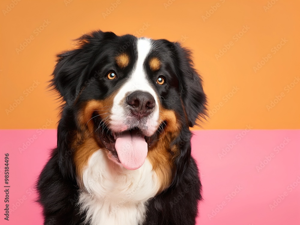 Bernese mountain dog with fluffy fur on colorful background. Happy, cute, funny dog with big smile. Loyal companion animal, purebred breed. Friendly, obedient, smart doggy. Bernese mountain dog with fluffy fur on colorful background. Happy, cute, funny dog with big smile. Loyal companion animal, purebred breed. Friendly, obedient, smart doggy.