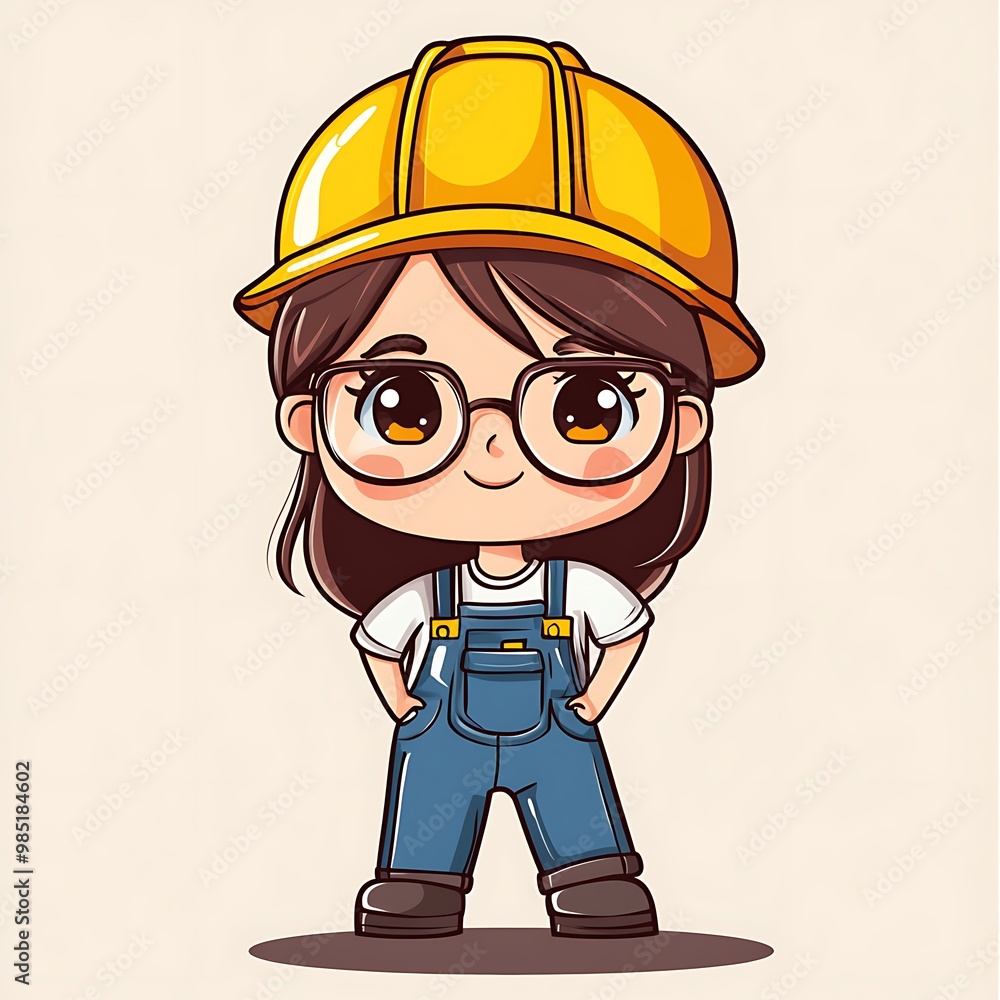 Cute cartoon girl in overalls and hard hat, female construction worker ...