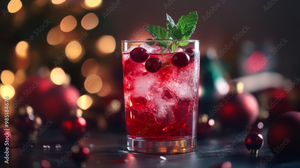 Cranberry Cocktail with Mint Garnish and Festive Lights Cranberry Cocktail with Mint Garnish and Festive Lights