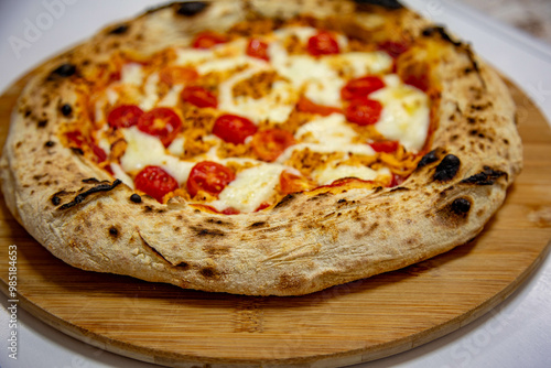 Traditional Brazilian artisan chicken pizza with catupiry cheese. Frango com catupiry