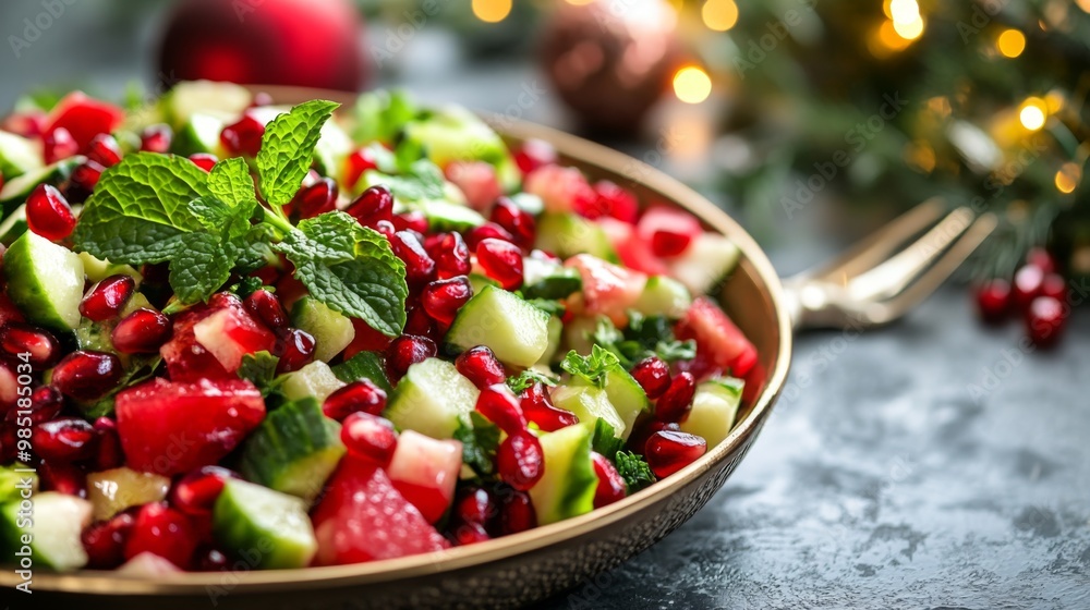 Pomegranate, Cucumber, and Mint Salad in a Brass Bowl Pomegranate, Cucumber, and Mint Salad in a Brass Bowl