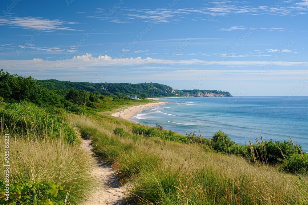 Saugatuck beach surrounded by lush plants and vast ocean. People relax on sandy shore. Summer season scenery. Green trees, blue water, sandy beach. Tourists enjoy vacation. Saugatuck beach surrounded by lush plants and vast ocean. People relax on sandy shore. Summer season scenery. Green trees, blue water, sandy beach. Tourists enjoy vacation.