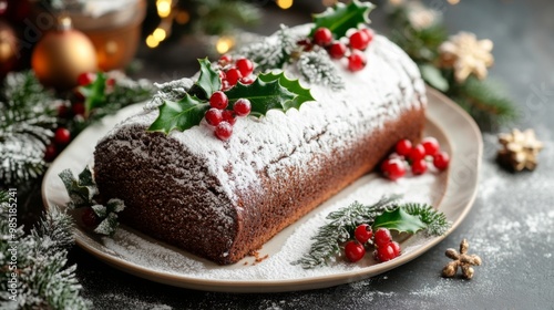 Wallpaper Mural Chocolate Yule Log Cake Decorated with Holly and Powdered Sugar Torontodigital.ca