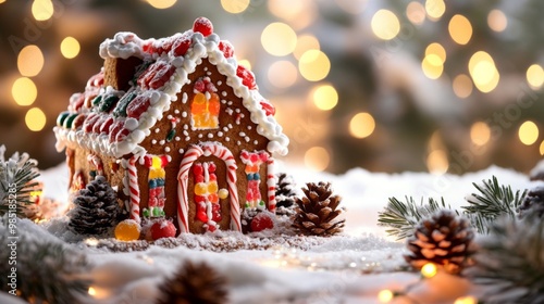 Decorated Gingerbread House on Snowy Surface with Pine Cones and Lights