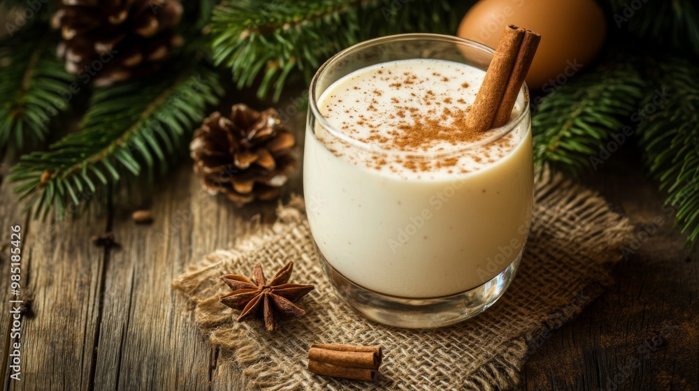 Eggnog Drink with Cinnamon Stick and Star Anise on Rustic Wooden Background Eggnog Drink with Cinnamon Stick and Star Anise on Rustic Wooden Background