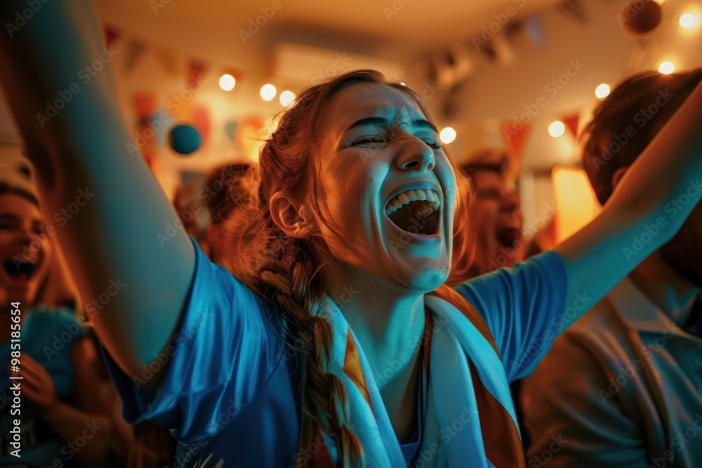 Obraz premium Woman cheers passionately at home surrounded by fans wearing orange scarf and blue jersey with a lively party atmosphere in the background featuring people dancing and enjoying themselves.
