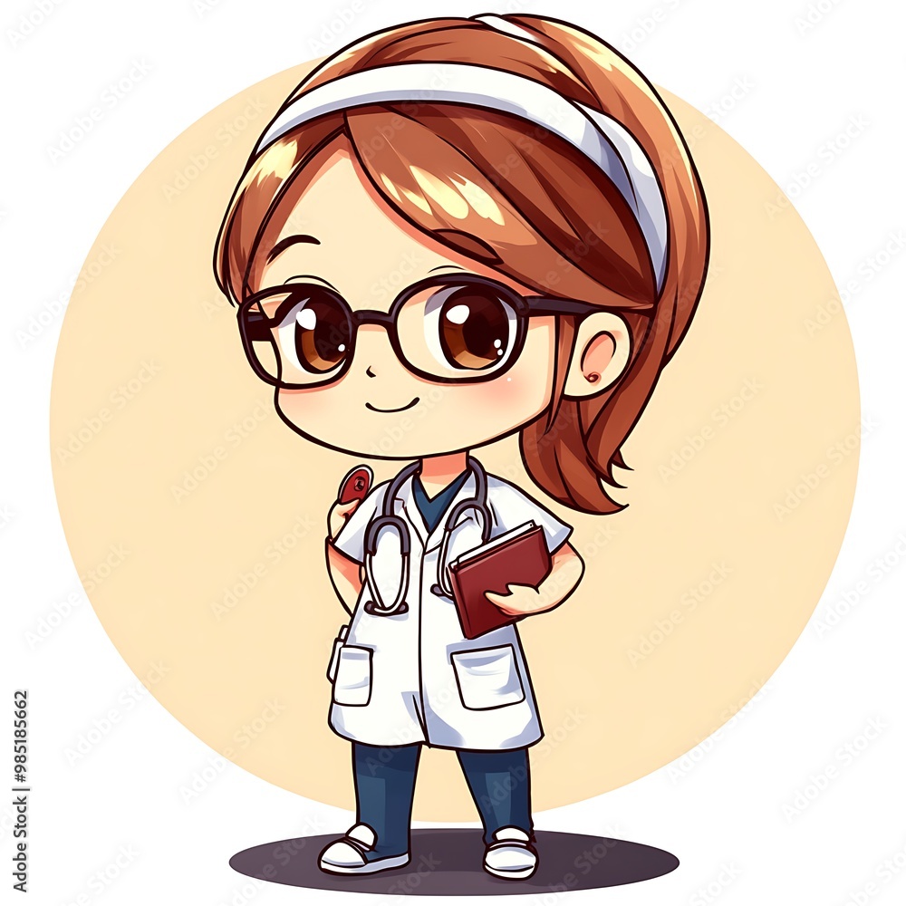 Cute cartoon chibi doctor with stethoscope and medical book Cute cartoon chibi doctor with stethoscope and medical book