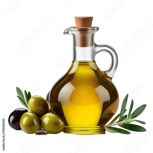  front view close up of olive oil with ingredients isolated on a white transparent background