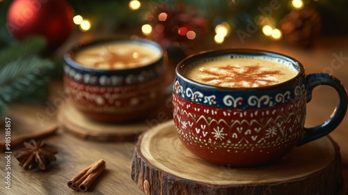 Two mugs of spiced latte on wooden coasters with cinnamon sticks and star anise