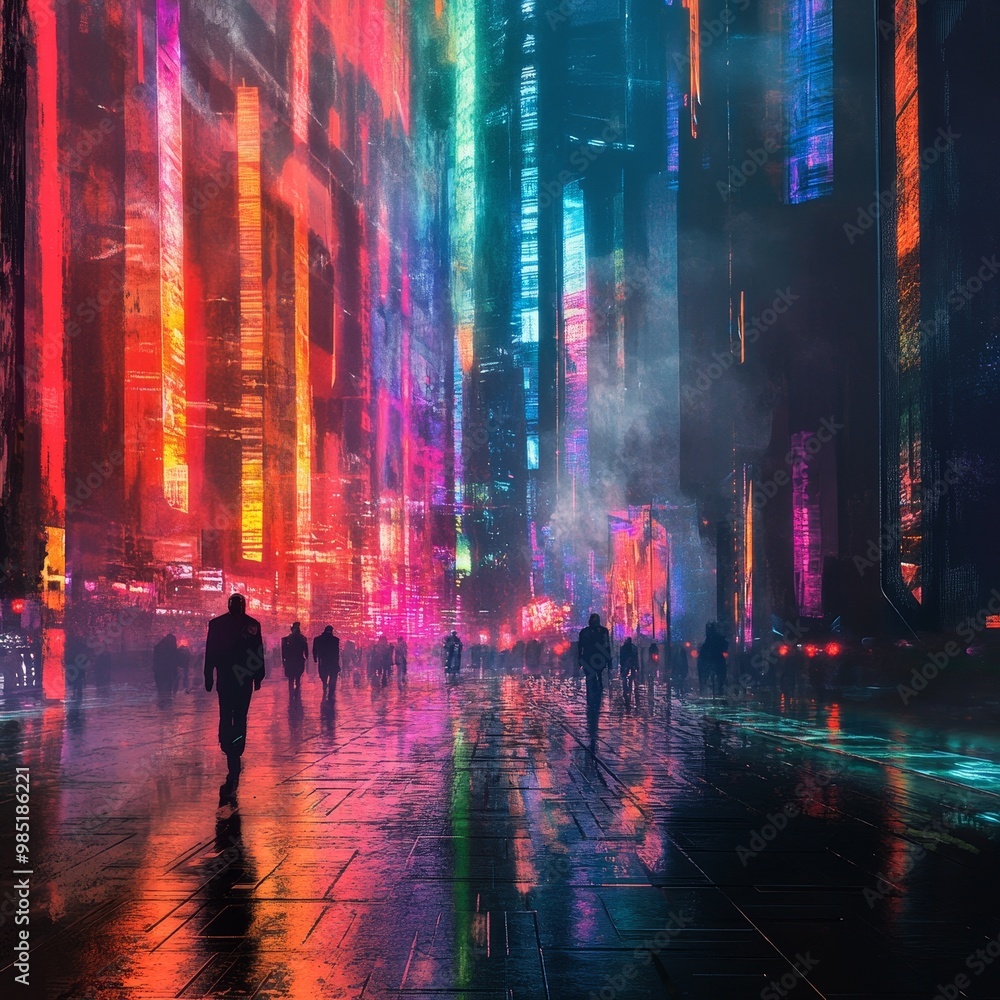 Futuristic Cityscape with Neon Lights and Figures