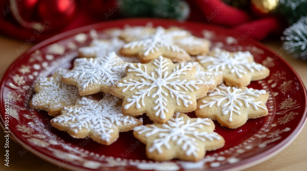 Snowflakes Iced Star-Shaped Cookies on a Red Plate Snowflakes Iced Star-Shaped Cookies on a Red Plate