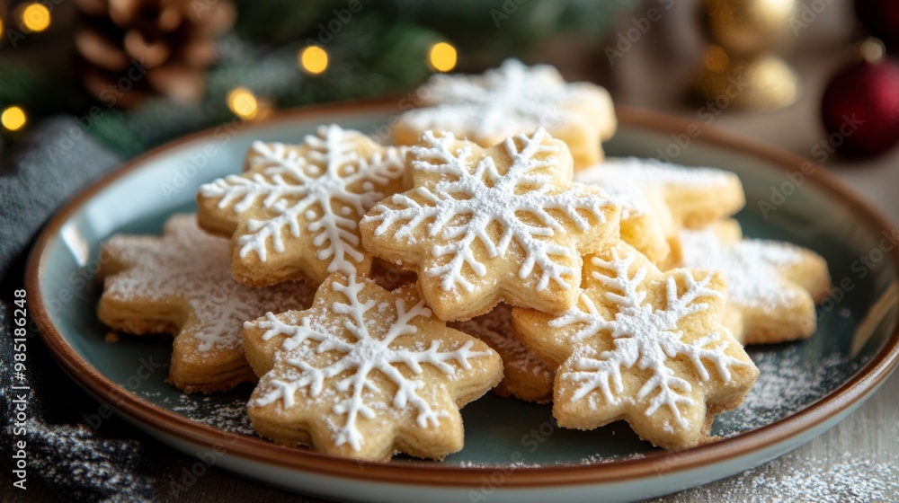 Close-up of Snowflakes Shaped Cookies with Icing and Powdered Sugar on a Teal Plate Close-up of Snowflakes Shaped Cookies with Icing and Powdered Sugar on a Teal Plate