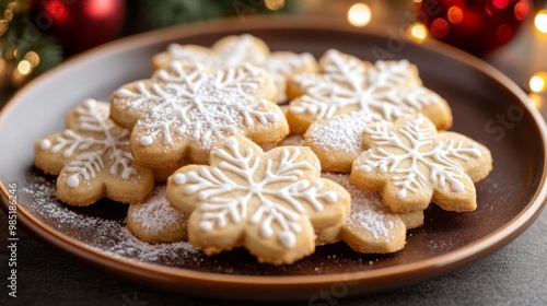 Snowflakes Shaped Sugar Cookies Decorated with White Icing on a Brown Plate