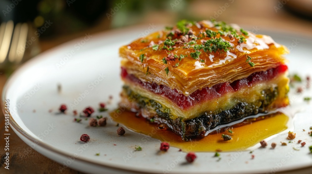 A Single Serving of Layered Dessert with Red and Green Fillings and Drizzled Honey on a White Plate A Single Serving of Layered Dessert with Red and Green Fillings and Drizzled Honey on a White Plate