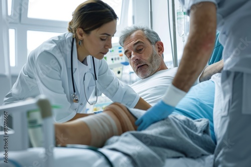 Physiotherapist works with mature male patient in hospital. Close-up of doctor hands giving massage to patient injured knee. Rehabilitation therapy session.