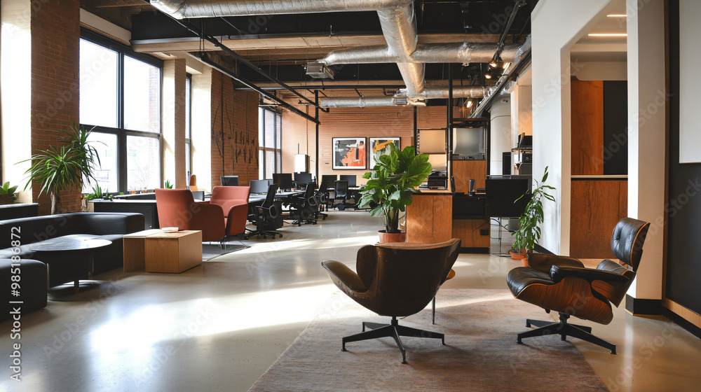A chic office space with sleek furniture, creative decor, and an open layout. A chic office space with sleek furniture, creative decor, and an open layout.