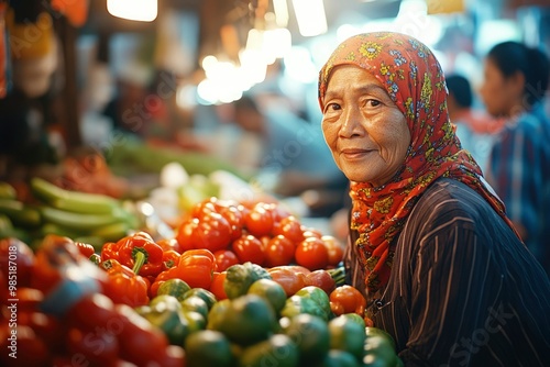 A Woman Wearing a Floral Headscarf Stands Behind a Fruit and Vegetable Stall