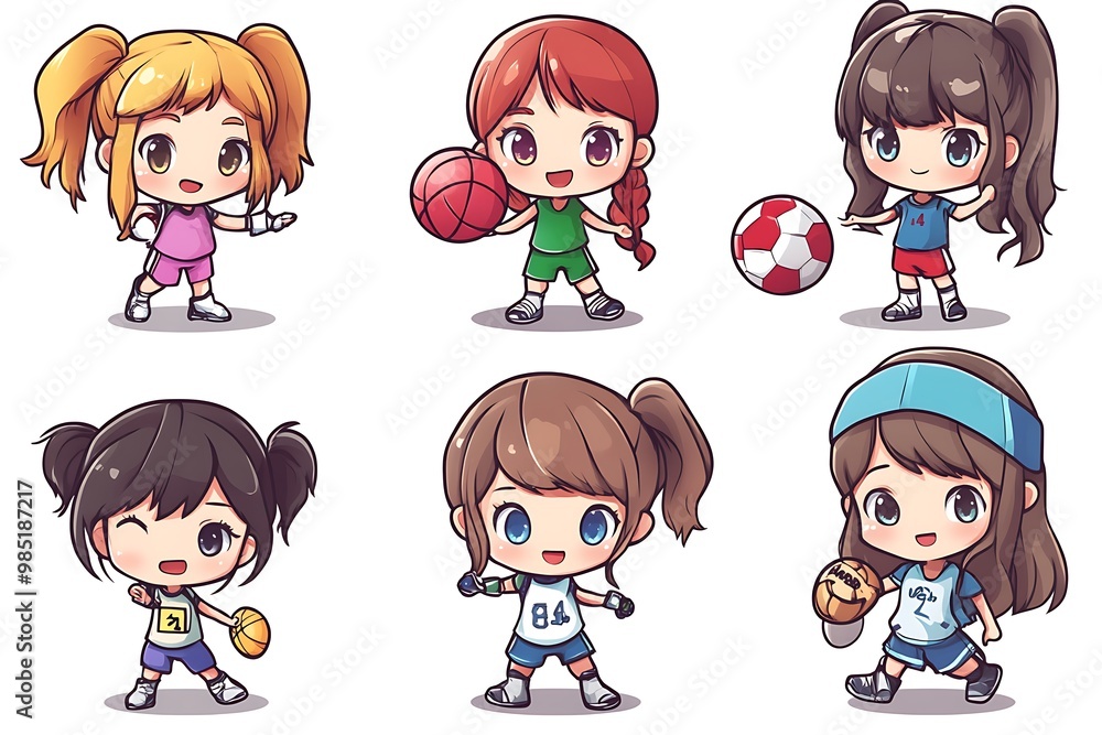 Cute Cartoon Girls Playing Different Sports, Set of Illustrations Cute Cartoon Girls Playing Different Sports, Set of Illustrations