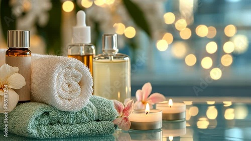 Relaxing spa setup with candles, essential oils, and soft towels in a serene environment