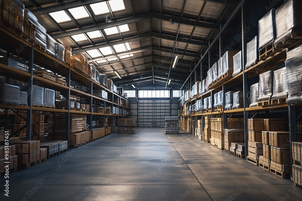 Large warehouse interior with ceiling, sloping roof. Cardboard boxes, metal racks, wooden shelves, industrial storage, containers, work in progress, commercial logistics, shipping facilities, Large warehouse interior with ceiling, sloping roof. Cardboard boxes, metal racks, wooden shelves, industrial storage, containers, work in progress, commercial logistics, shipping facilities,