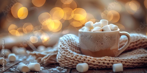 Hot chocolate with marshmallows on wooden table.