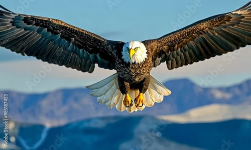 A bald eagle is flying in the sky with its wings spread wide 4K Video