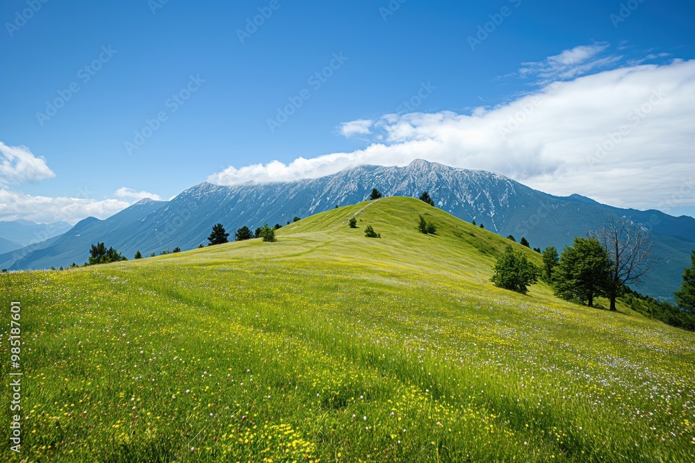 Fototapeta premium Green hill near Triglav Mountain in Slovenia. Breathtaking alpine landscape with rich grass, rocky peak, and vast sky. Scenic view of stone-covered hillside with natural beauty.