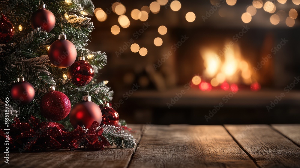 Christmas Tree with Fireplace in Background Christmas Tree with Fireplace in Background