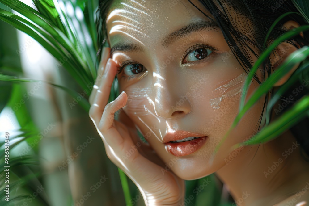 Asian woman wears white mask, applies primer on face in serene plants backdrop. Close-up captures her eyes, mouth, highlighting contrast between natural surroundings, artificial facial application. Asian woman wears white mask, applies primer on face in serene plants backdrop. Close-up captures her eyes, mouth, highlighting contrast between natural surroundings, artificial facial application.