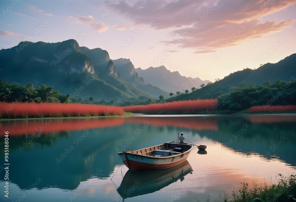 A small fishing boat on a calm body of water at sunset, with mountains in the background A small fishing boat on a calm body of water at sunset, with mountains in the background