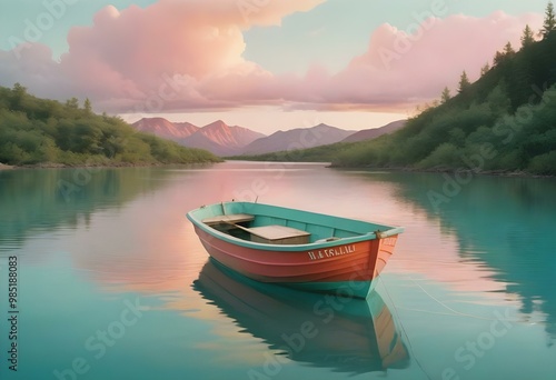 A small fishing boat on a calm body of water at sunset, with mountains in the background