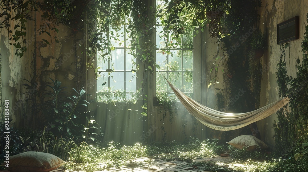 Obraz premium Overgrown Abandoned House with Hammock and Sunlight