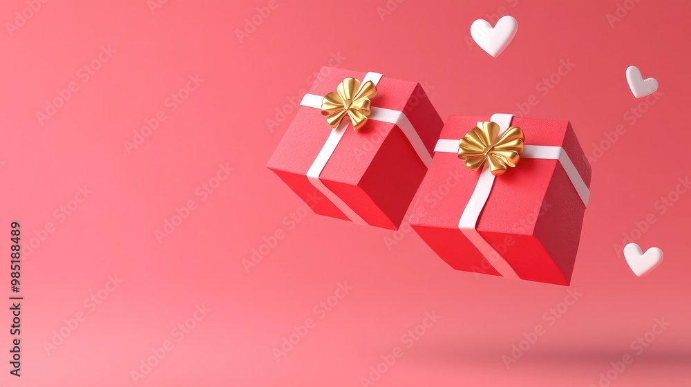 Two red gift boxes with white ribbon and gold bow, floating on a pink background with white hearts. Two red gift boxes with white ribbon and gold bow, floating on a pink background with white hearts.