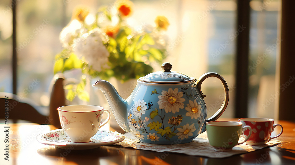 A charming tea setup with a classic teapot, colorful teacups, and a warm, homely atmosphere. A charming tea setup with a classic teapot, colorful teacups, and a warm, homely atmosphere.