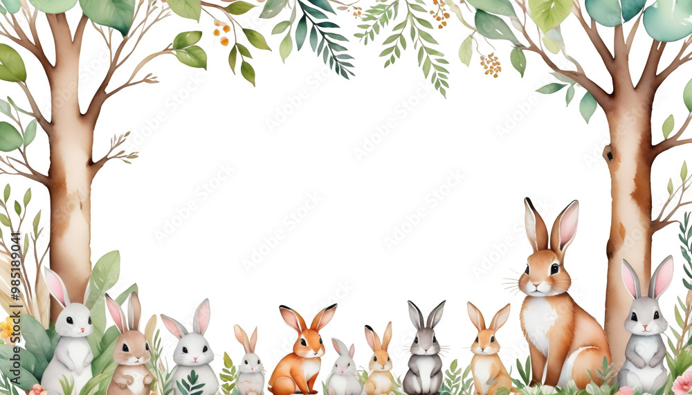 woodland wall hand forest animals bunny art baby kids painted nursery cute border rabbit print design wild landscape frame illustration shower baby tree watercolor animal watercolor illustration