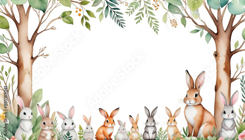 Obraz na płótnie woodland wall hand forest animals bunny art baby kids painted nursery cute border rabbit print design wild landscape frame illustration shower baby tree watercolor animal watercolor illustration w salonie