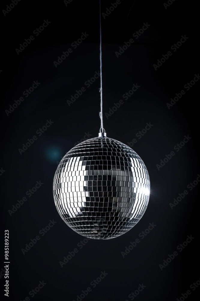 Obraz premium Shiny silver disco ball hangs isolated on dark black background. Bright reflective surface catches light, creating fun party atmosphere. Decorative lighting equipment for club, pub, or night events.