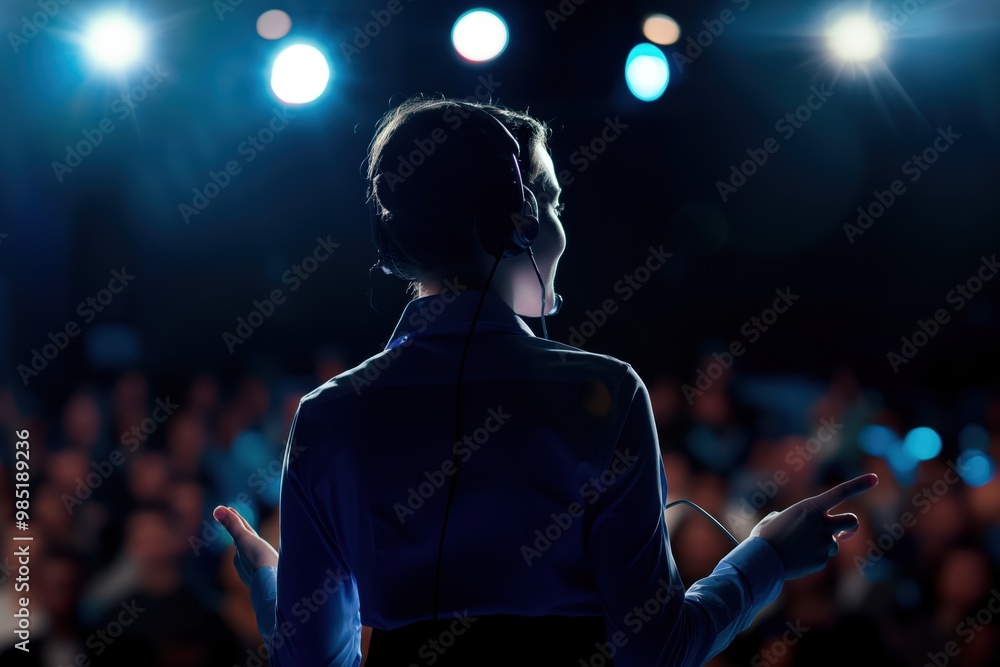Back view of female motivational speaker wearing headset on stage in ...