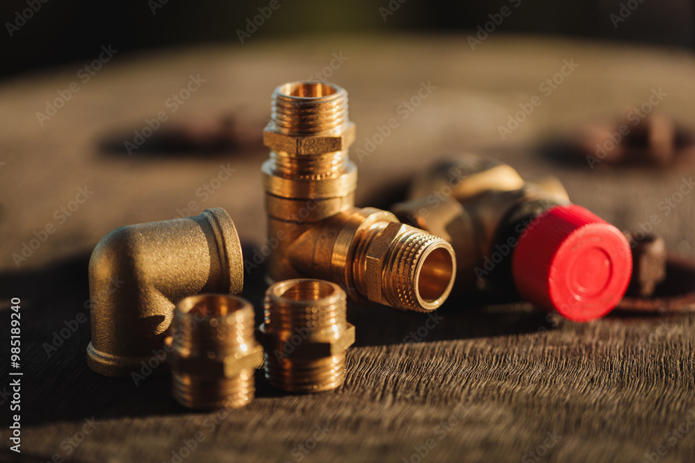 Brass plumbing fittings lying on a rustic wooden table on a sunny day (selective focus) Brass plumbing fittings lying on a rustic wooden table on a sunny day (selective focus)