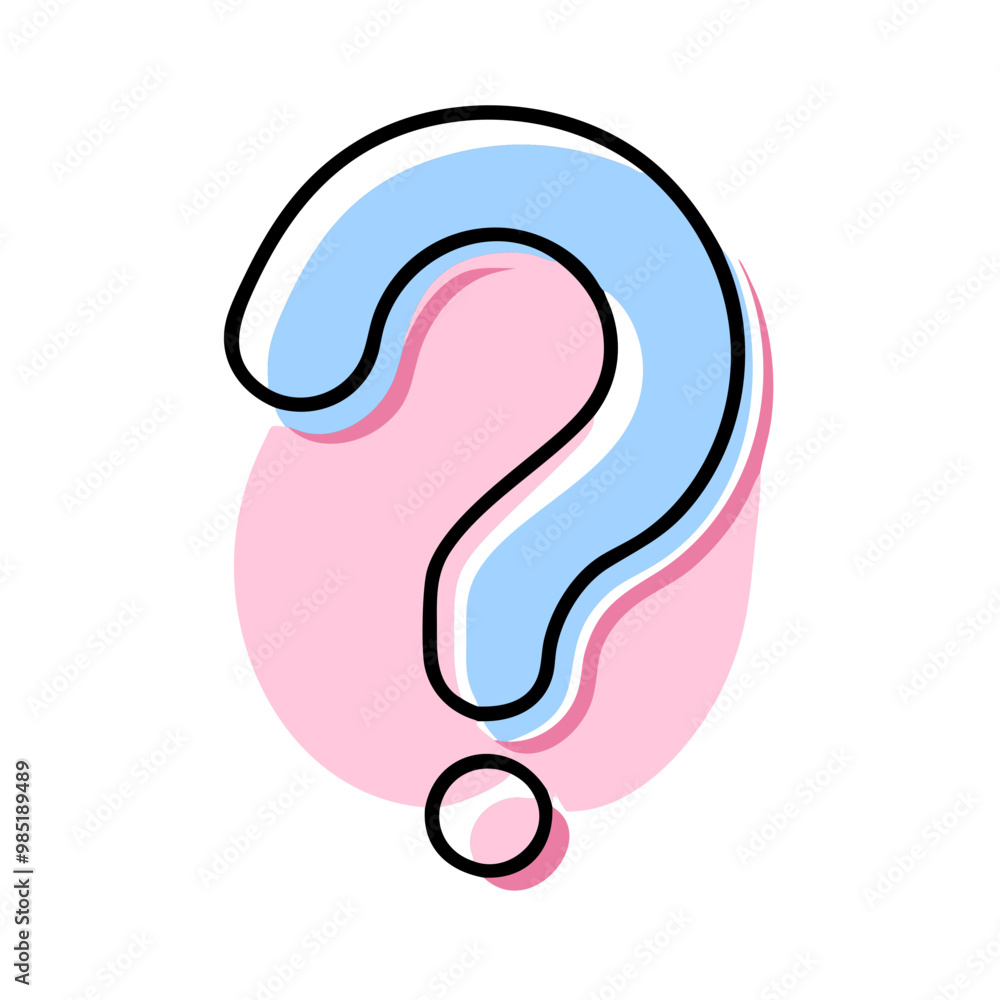 A colorful question mark with a pink background is displayed on a white background. The pink background is a circle, and the blue and pink question mark is a stylized design A colorful question mark with a pink background is displayed on a white background. The pink background is a circle, and the blue and pink question mark is a stylized design