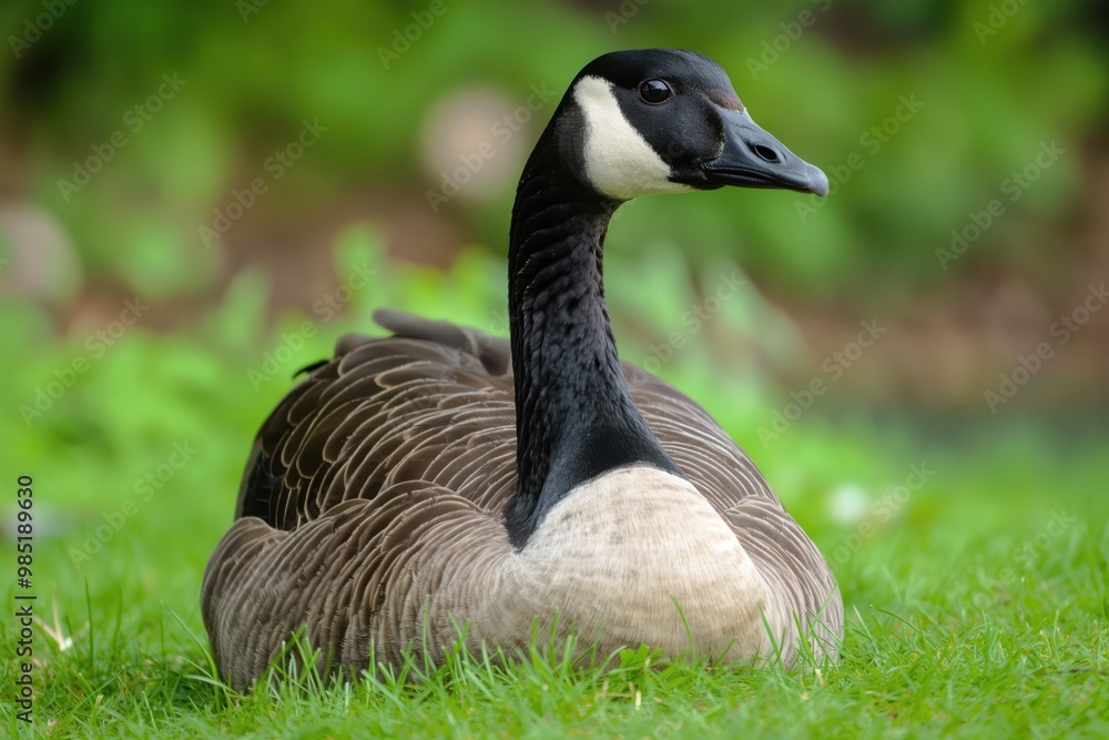 Close-up of Canada goose on green grass with brown feathers. Bird beak, wings prominent. Goose domesticated, found on farm, in park, in natural surroundings. Animal cute appearance makes popular Close-up of Canada goose on green grass with brown feathers. Bird beak, wings prominent. Goose domesticated, found on farm, in park, in natural surroundings. Animal cute appearance makes popular