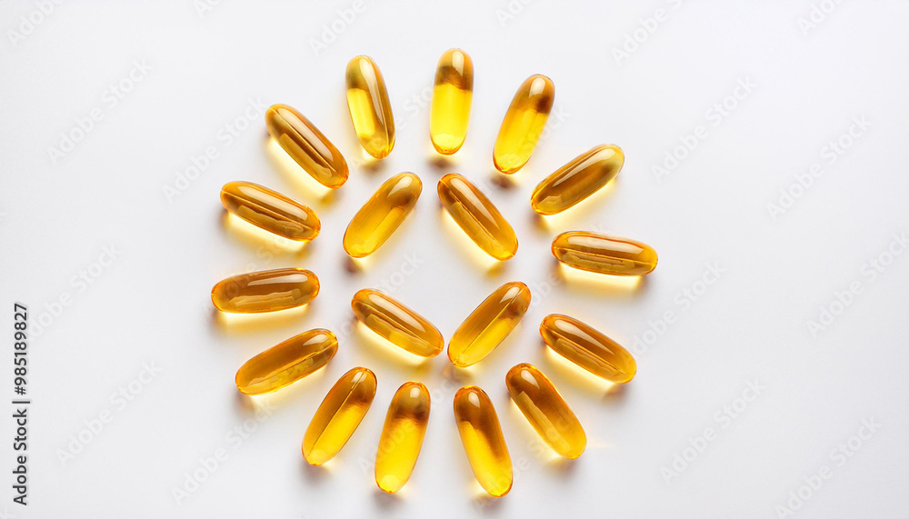 Omega 3 capsules laid out in the shape of sun on white background. Fish oil in pills. Health support and treatment. Biologically active additives. Omega 3 capsules laid out in the shape of sun on white background. Fish oil in pills. Health support and treatment. Biologically active additives.