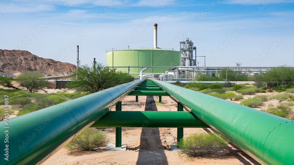 A green hydrogen energy pipeline of green color running towards an industry facility. The facility in the background has a large green tank. A green hydrogen energy pipeline of green color running towards an industry facility. The facility in the background has a large green tank.