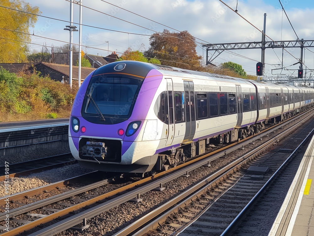Naklejka premium Elizabeth Line train at Shenfield station. Modern commuter train with sleek design on cloudy day. Train travels on railway track in rural area with scenic background. Stone buildings, iron railings