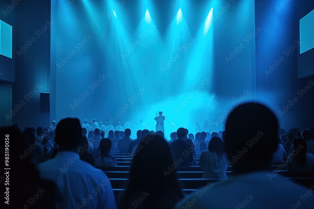 Group of people in worship gathered in hall with blue effect., women in modern attire stand together in darkened indoor space. Blue glow illuminates faces of believers, creating sense of calm, Group of people in worship gathered in hall with blue effect., women in modern attire stand together in darkened indoor space. Blue glow illuminates faces of believers, creating sense of calm,