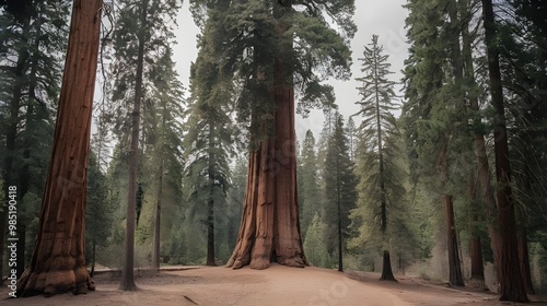 A dense forest of Sequoia trees with a dirt path leading into the forest. The trees are massive with thick trunks and wide spreads.