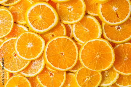 Closeup of sliced oranges on a market