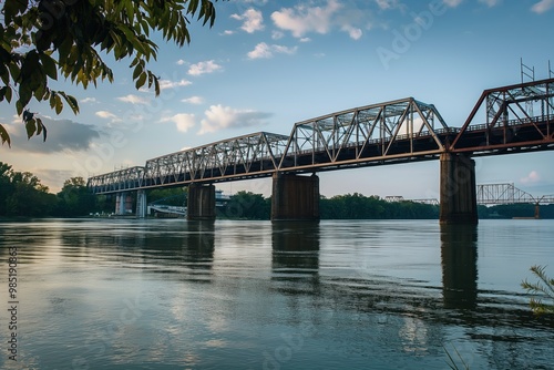 Decatur Alabama cityscape with Steamboat Bill Bridge over Tennessee River. Beautiful blue sky, architectural structure, historic landmark. River view, travel, tourism, cityscape, architecture, photo